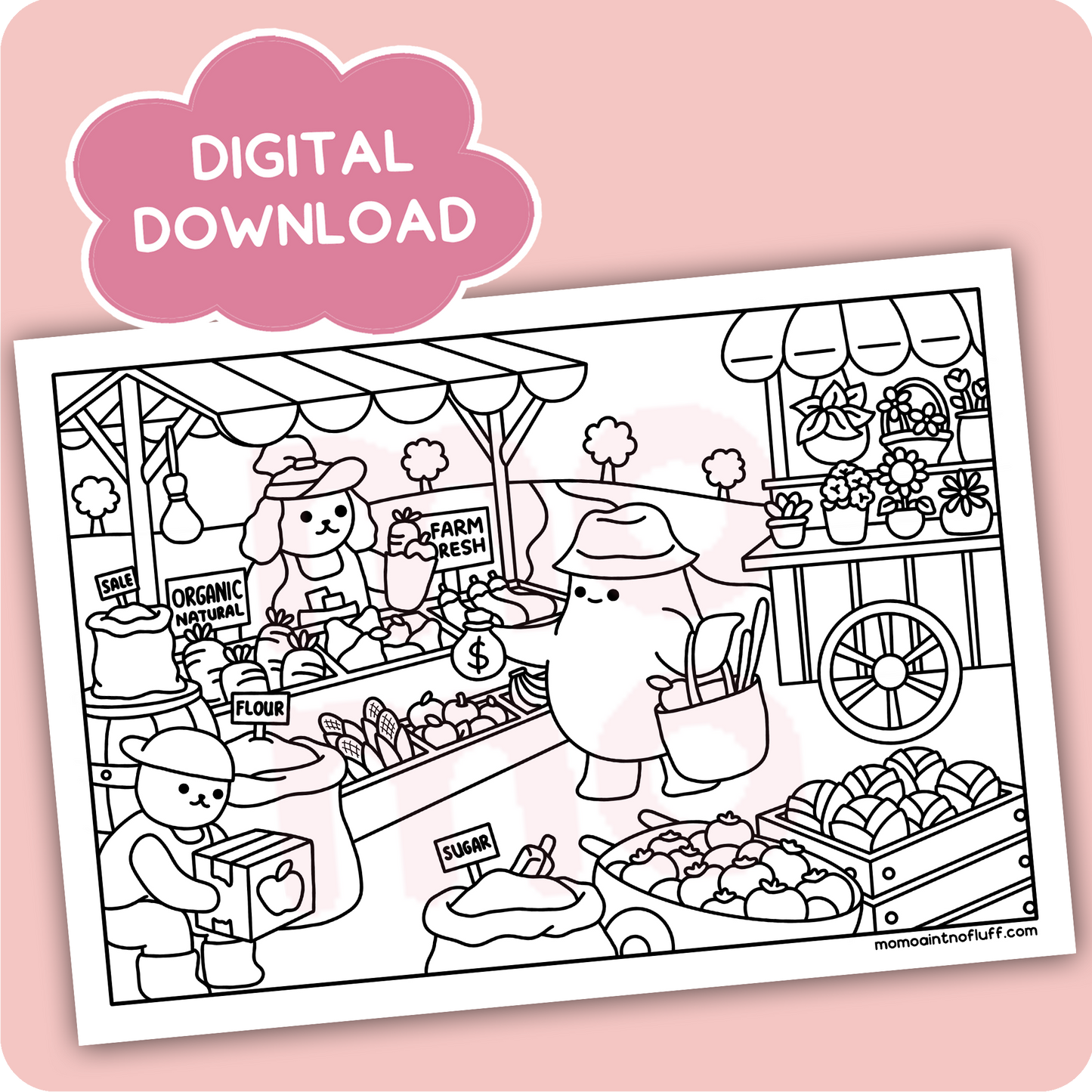 digital printable download • farmer market coloring doodle